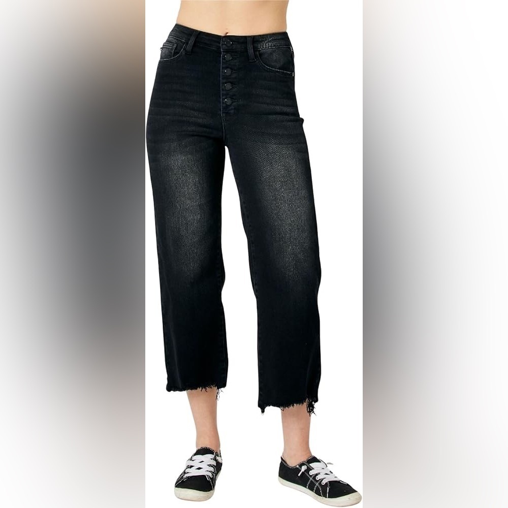 NWT Judy Blue Wide Leg Crop High Rise Jeans Raw Butterfly Hem 11/30 Black Wash